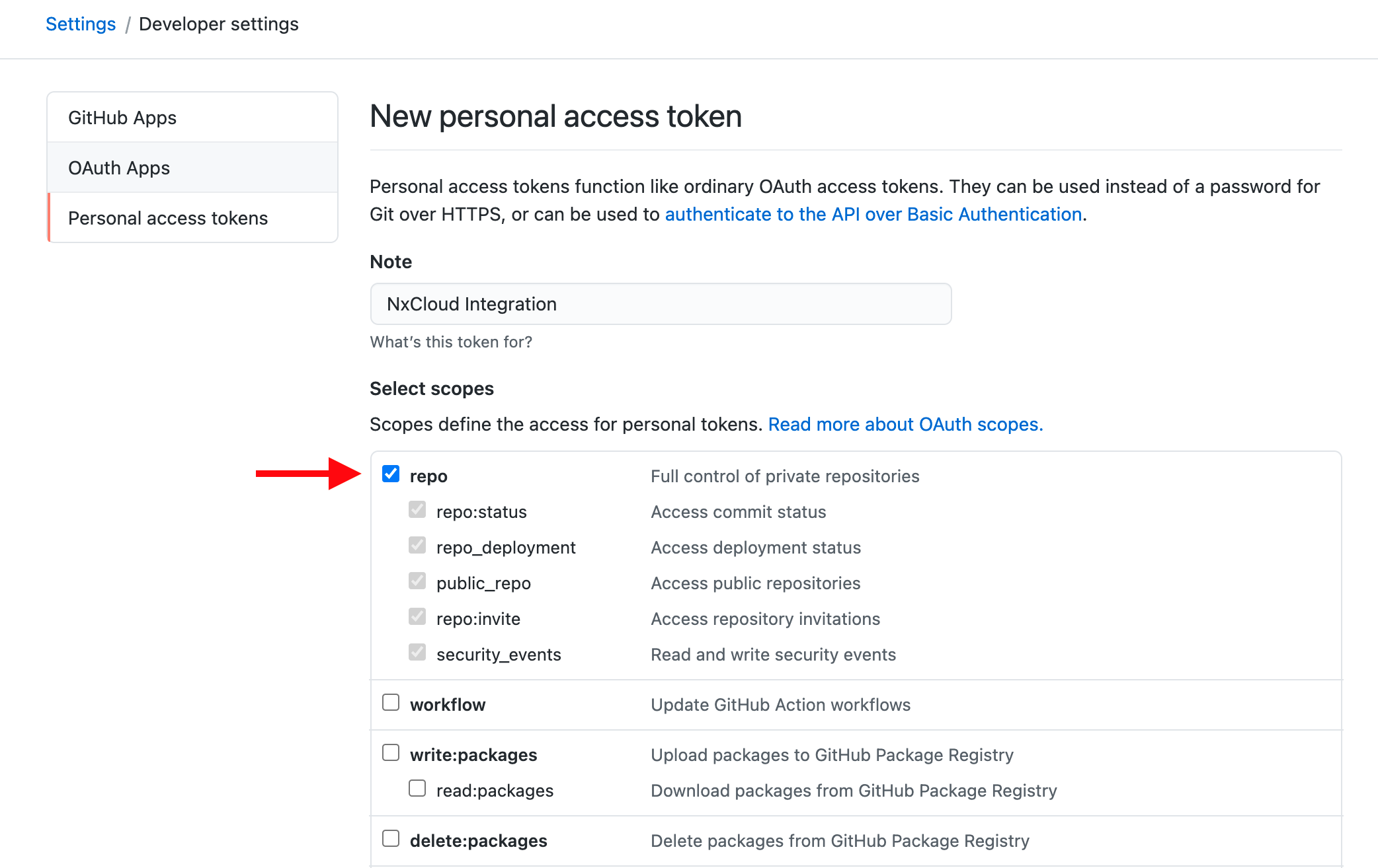 Generate personal access token